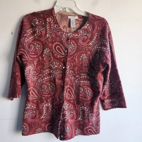 Tweeds Women Red Pasley Lamb Wool/Angora 3/4 Sleeves Cardigan size XL Petite - Picture 3 of 6